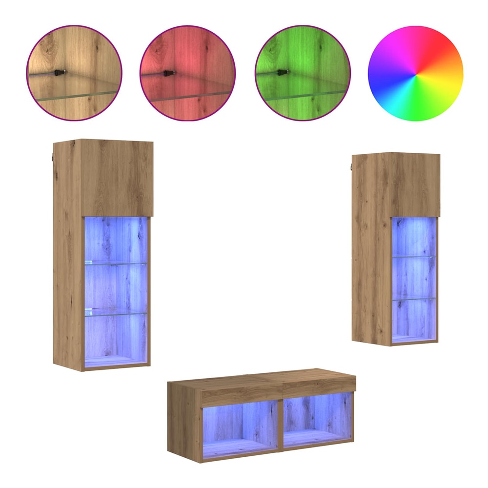 4 Piece TV Wall Cabinets with LED Lights Artisan oak