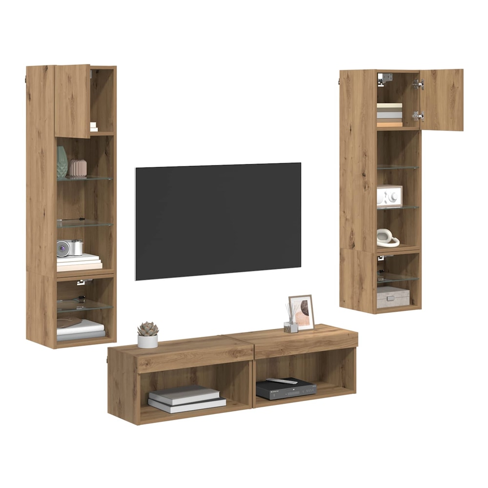 6 Piece TV Wall Units with LED Engineered Wood Artisan oak
