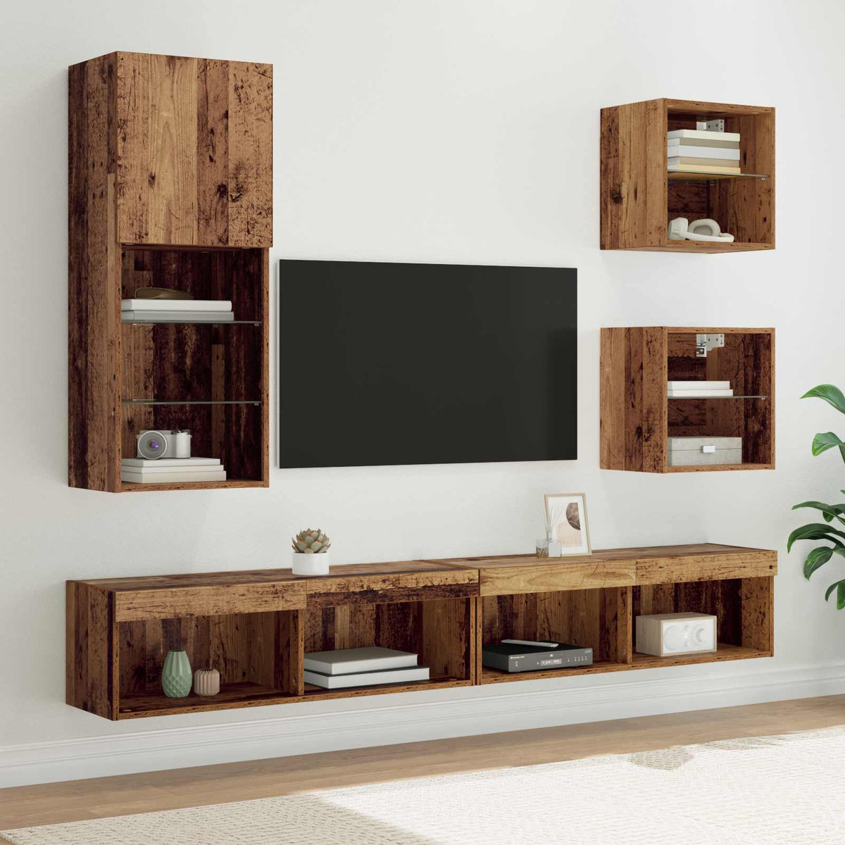 5 Piece TV Wall Units with LED Engineered Wood Old wood