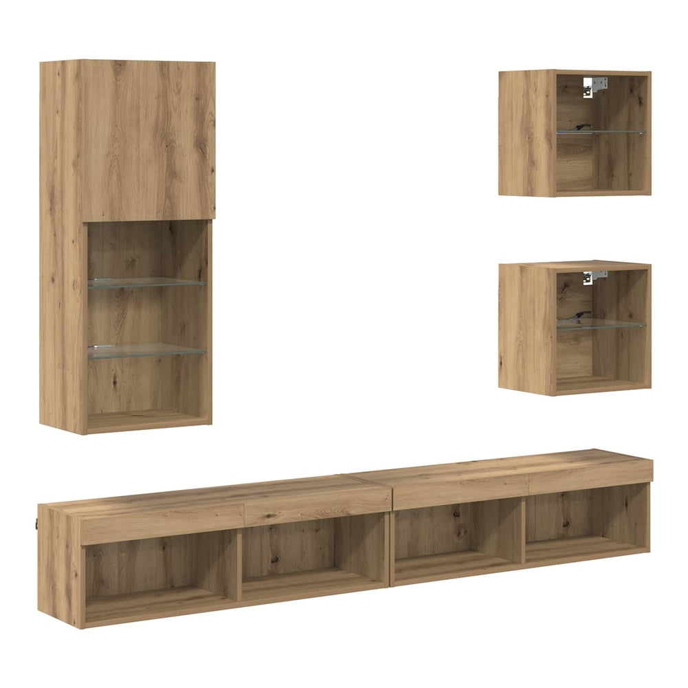 5 Piece TV Wall Units with LED Engineered Wood Artisan oak