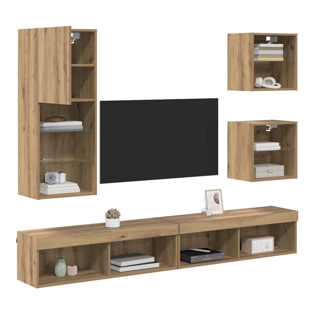 5 Piece TV Wall Units with LED Engineered Wood Artisan oak