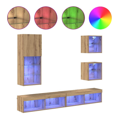 5 Piece TV Wall Units with LED Engineered Wood Artisan oak