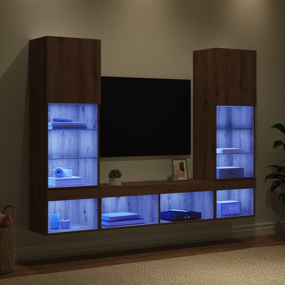 5 Piece TV Wall Units with LED Engineered Wood Artisan oak