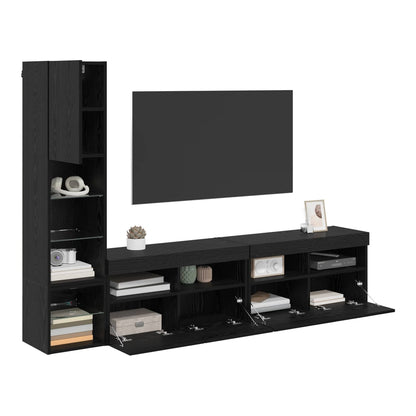 4 Piece TV Wall Units with LED Engineered Wood Black oak