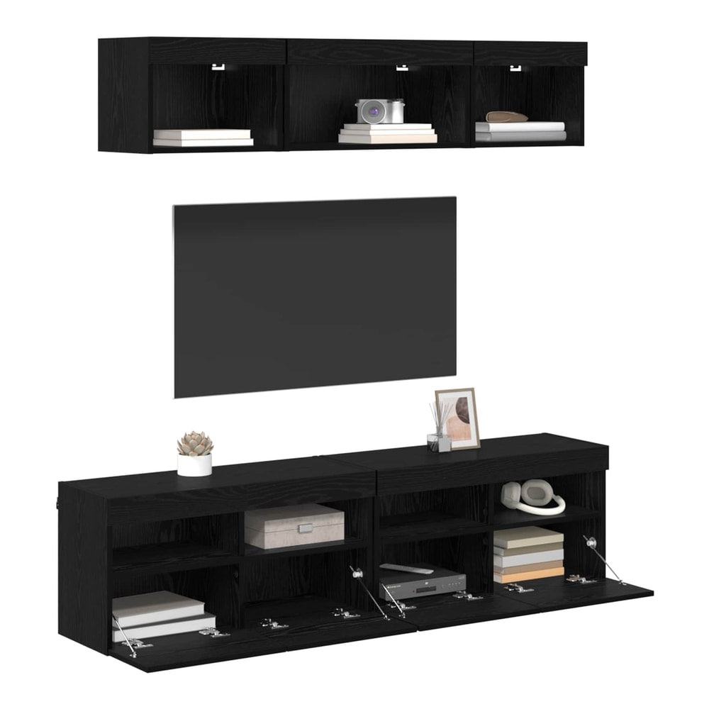 5 Piece TV Wall Units with LED Engineered Wood Black oak