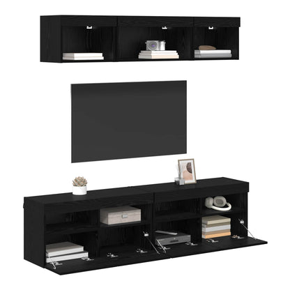 5 Piece TV Wall Units with LED Engineered Wood Black oak