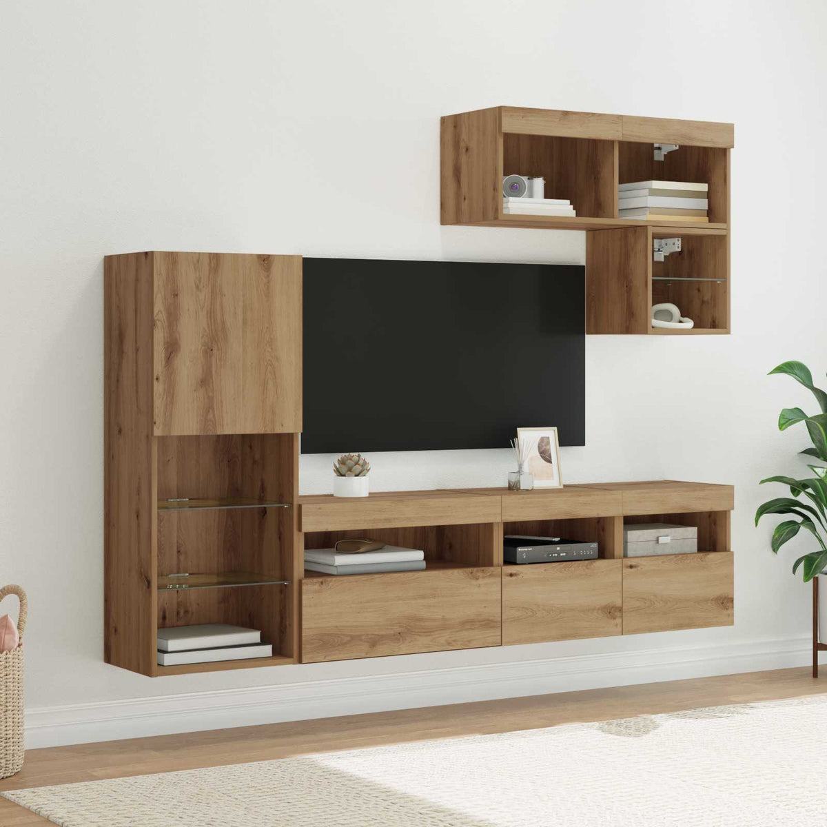 6 Piece TV Wall Units with LED Engineered Wood Artisan oak