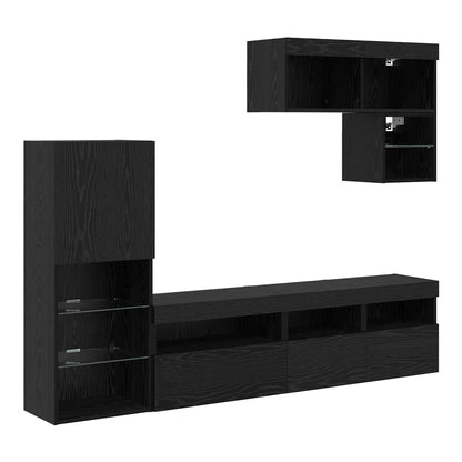 6 Piece TV Wall Units with LED Engineered Wood Black oak