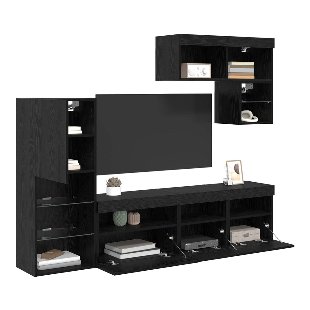 6 Piece TV Wall Units with LED Engineered Wood Black oak