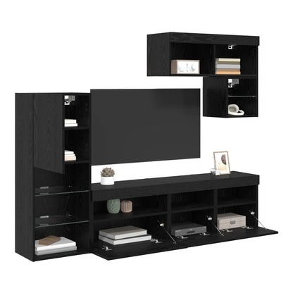 6 Piece TV Wall Units with LED Engineered Wood Black oak