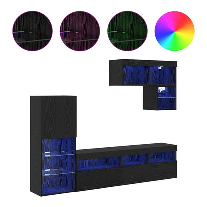 6 Piece TV Wall Units with LED Engineered Wood Black oak