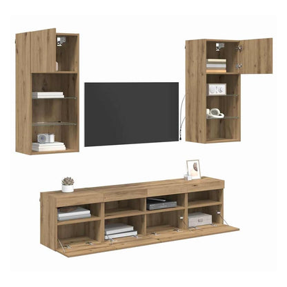 5 Piece TV Wall Units with LED Engineered Wood Artisan oak