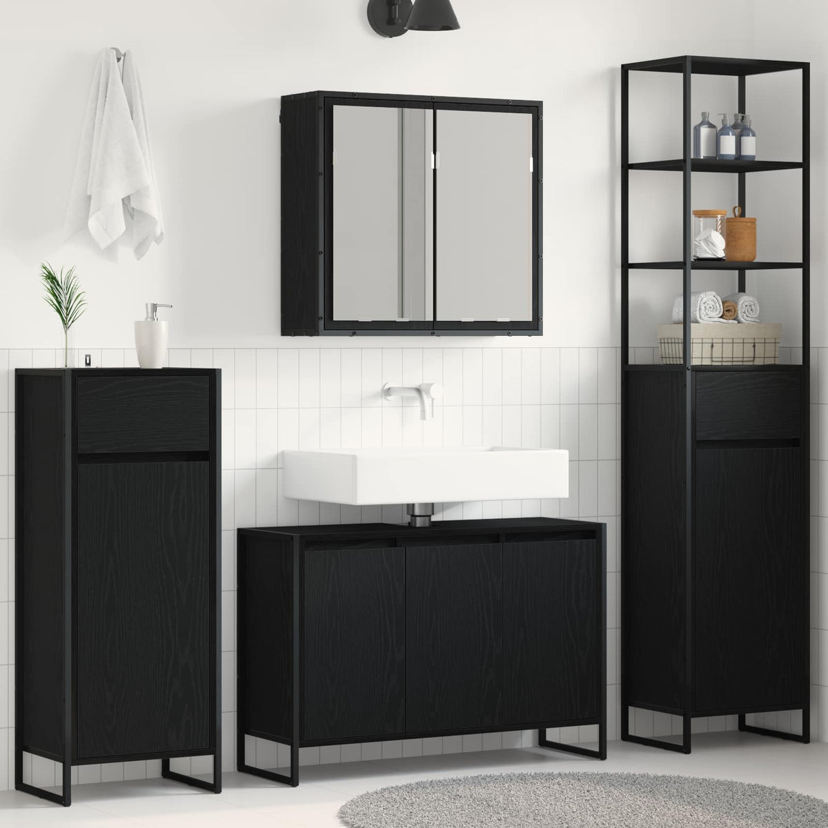 Bathroom Furniture Set 4 pcs Engineered Wood Black oak 90 x 30 x 60 cm