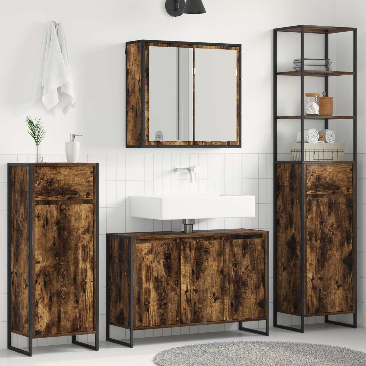 Bathroom Furniture Set 4 pcs Engineered Wood Smoked oak 90 x 30 x 60 cm