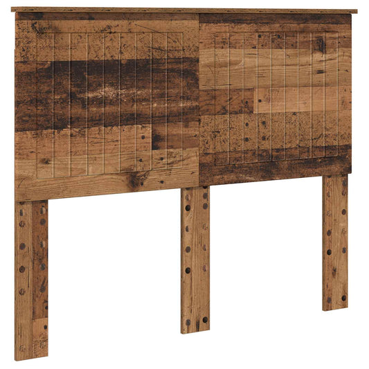 The wooden headboard has a rustic, weathered wood effect with visible nail or screw heads
