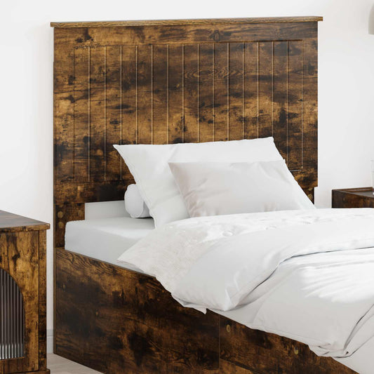 vidaXL Headboard Smoked Oak Engineered wood attached to a bed with white bedding