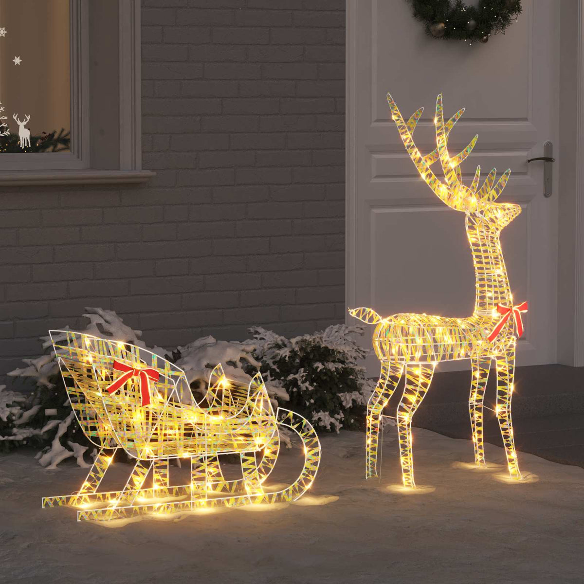 Reindeer Pull Sleigh LOVIISA 2 pcs 200 LEDs Warm White Iridescent PET