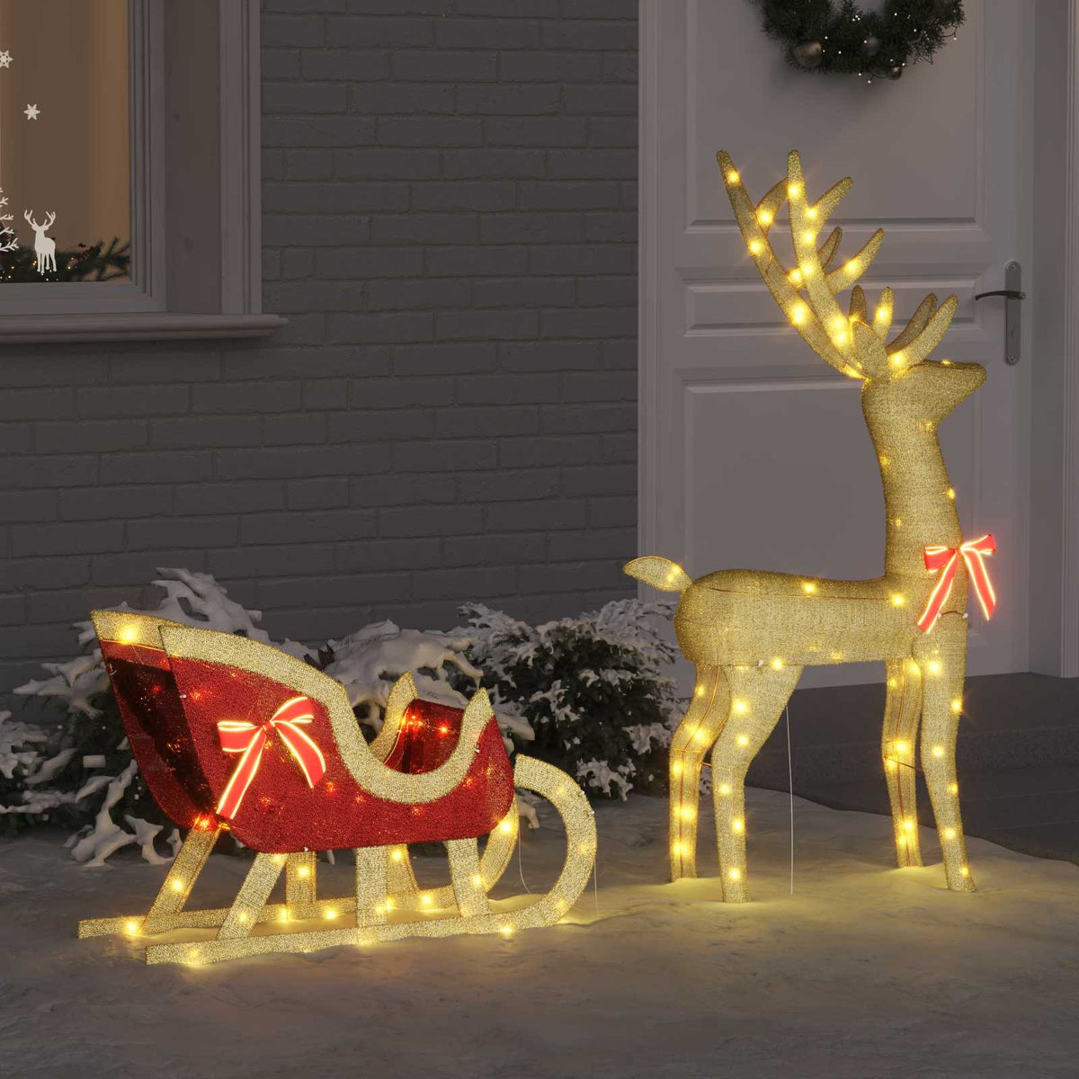 Reindeer Pull Sleigh LOVIISA 2 pcs 200 LEDs Warm White Gold fabric