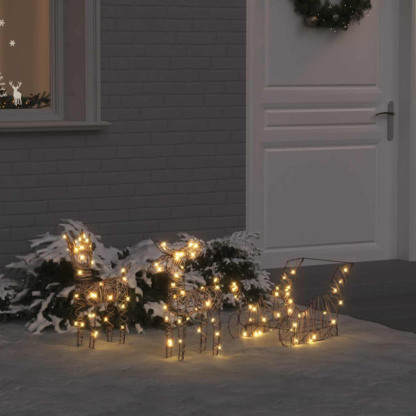 vidaXL Reindeer Pull Sleigh 160 LEDs Warm White 53 x 28 x 33 cm Rattan 1