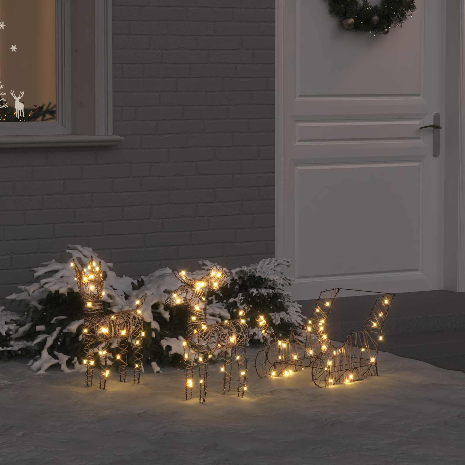 vidaXL Reindeer Pull Sleigh 160 LEDs Warm White 53 x 28 x 33 cm Rattan 1