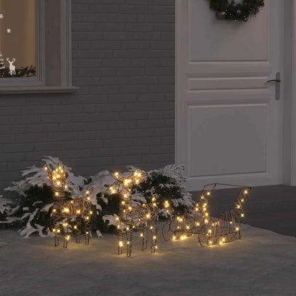 vidaXL Reindeer Pull Sleigh 160 LEDs Warm White 53 x 28 x 33 cm Rattan 1