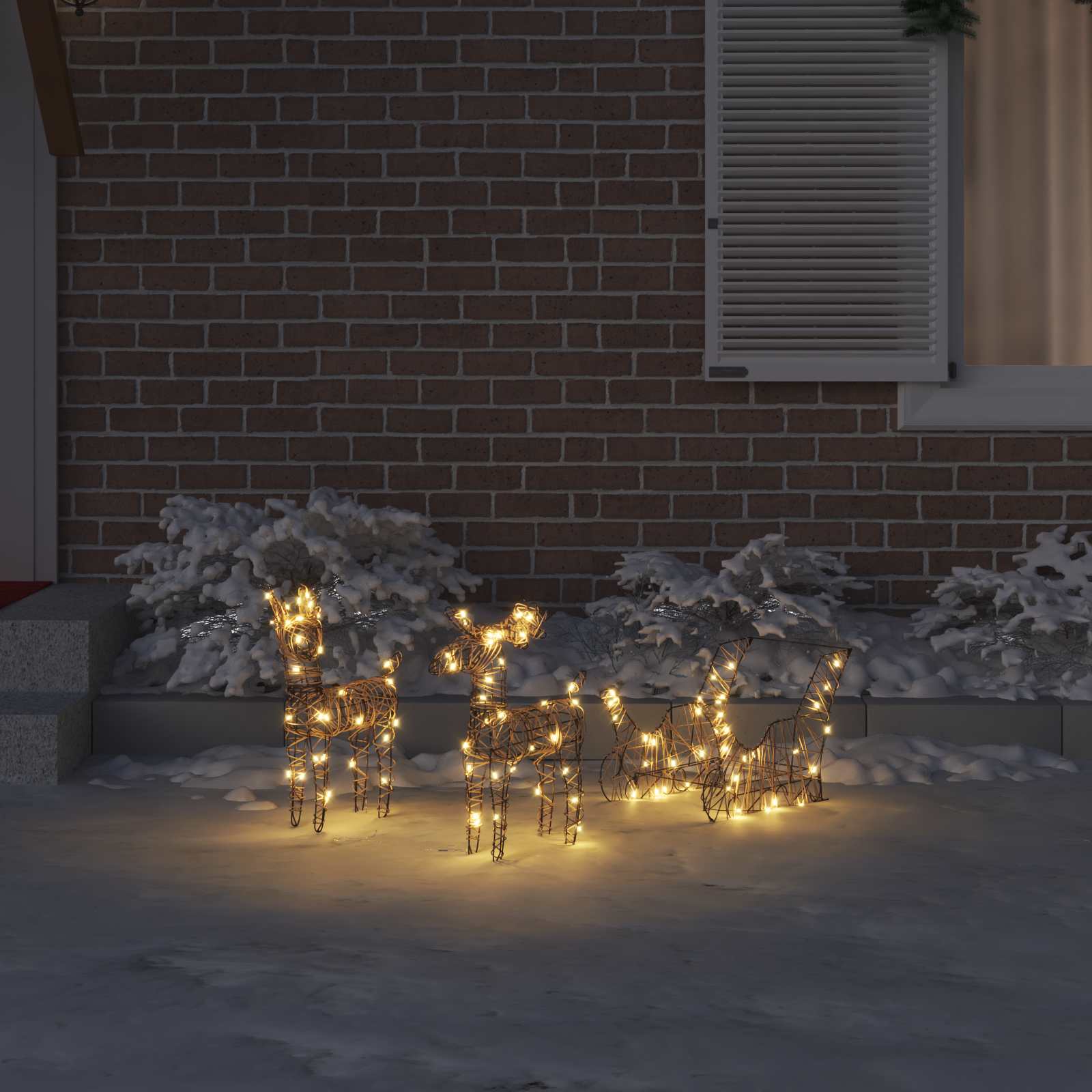 vidaXL Reindeer Pull Sleigh 160 LEDs Warm White 53 x 28 x 33 cm Rattan 3