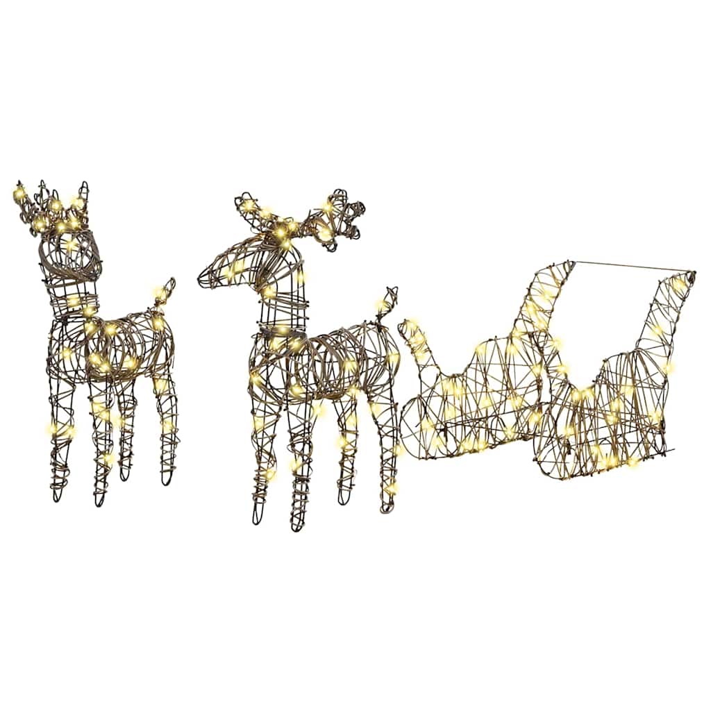 vidaXL Reindeer Pull Sleigh 160 LEDs Warm White 53 x 28 x 33 cm Rattan 2