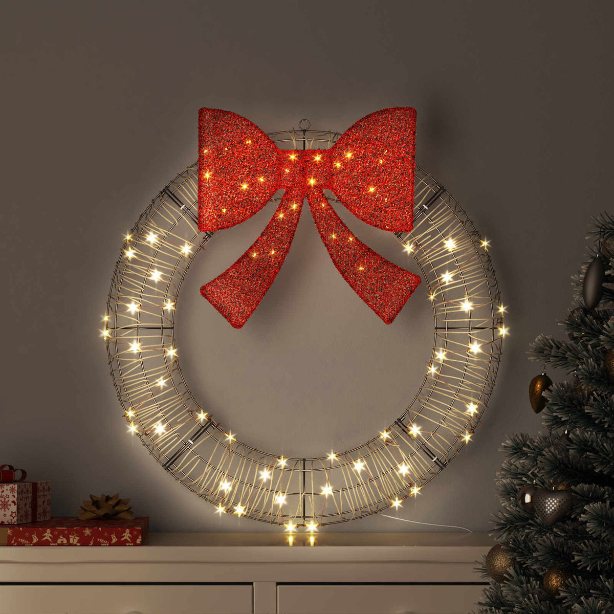 Wreath Warm white 75 x 75 x 8 cm PET 60 LEDs 90 cm Rattan
