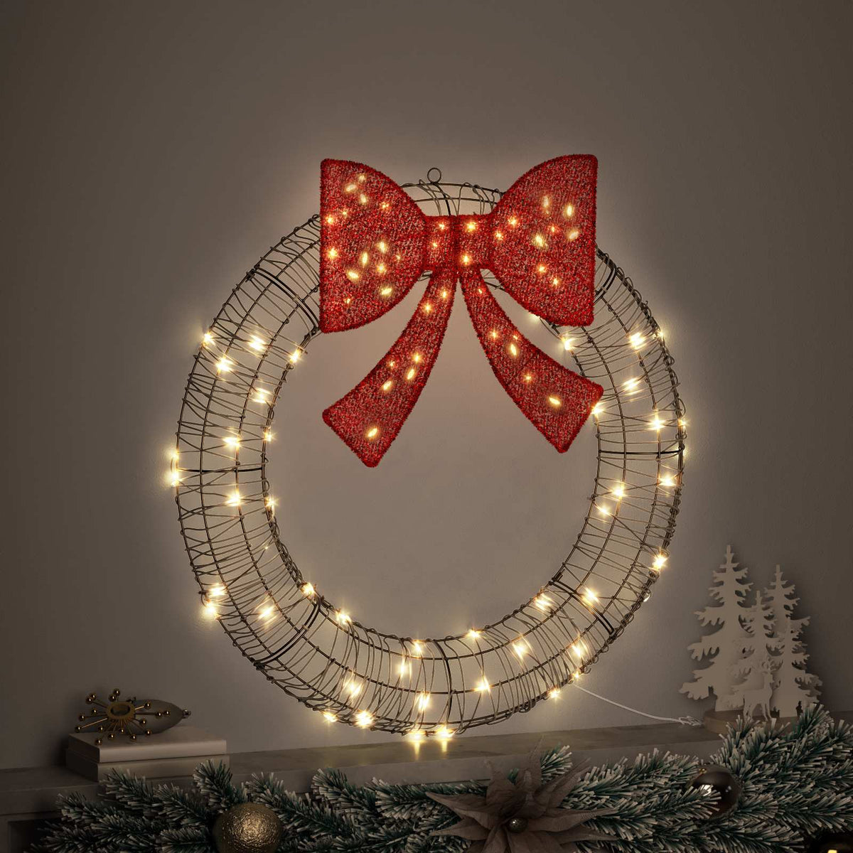 Wreath Warm white 75 x 75 x 8 cm PET 60 LEDs 90 cm Rattan