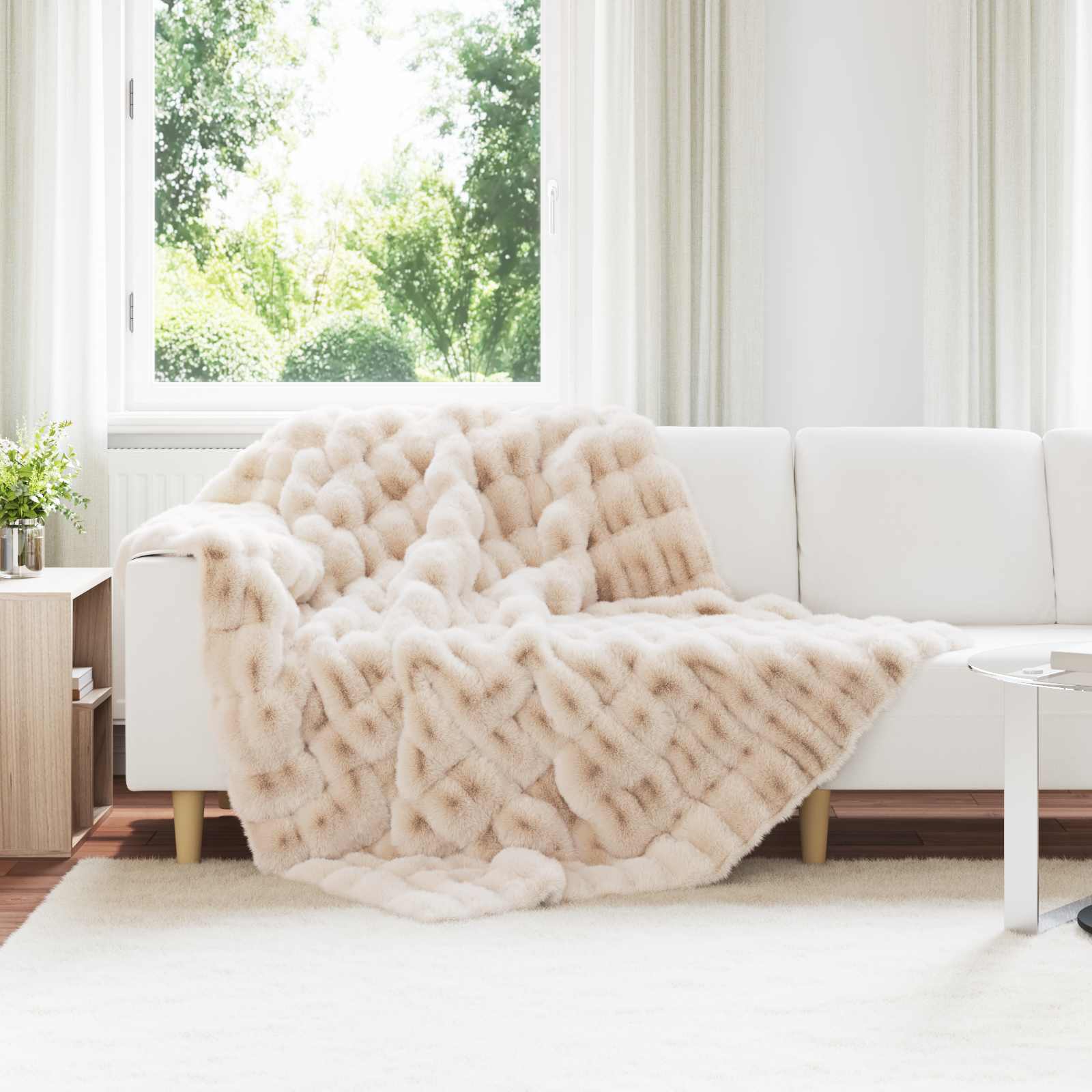 vidaXL Anti-Slip Faux Rabbit Fur Blanket Olite Beige 150 x 220 cm 1