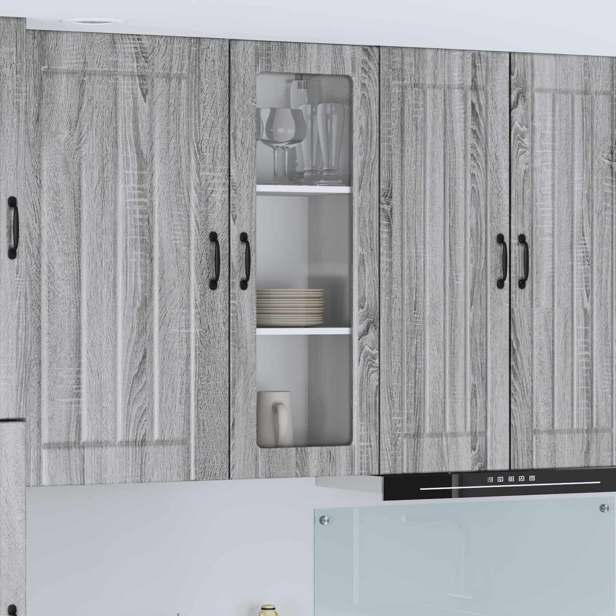 Kitchen Wall Cabinet with Glass Door "Lucca" Grey sonoma 1x wall corner cabinet 57 cm wide 100 cm high–2x wall glass cabinet (1 door) 40 cm wide 40 cm high 1x wall glass cabinet (1 door) 40 cm wide 100 cm high