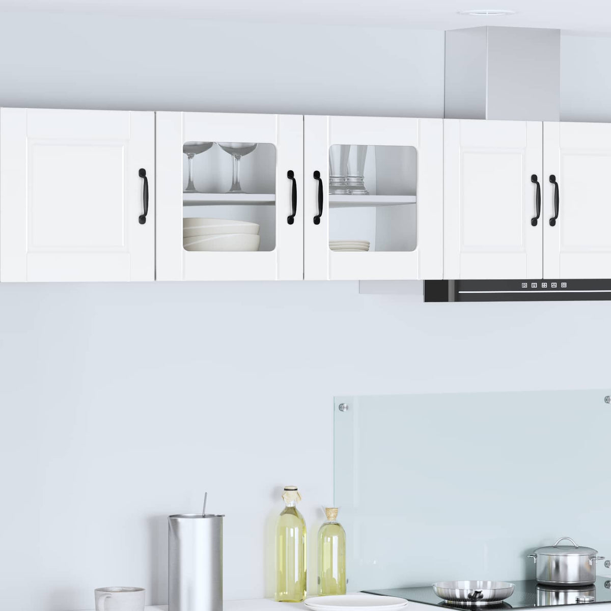Kitchen Wall Cabinet with Glass Door "Porto" White 1x wall corner cabinet 57 cm wide 100 cm high–2x wall glass cabinet (1 door) 40 cm wide 40 cm high 1x wall glass cabinet (2 doors) 80 cm wide 40 cm high