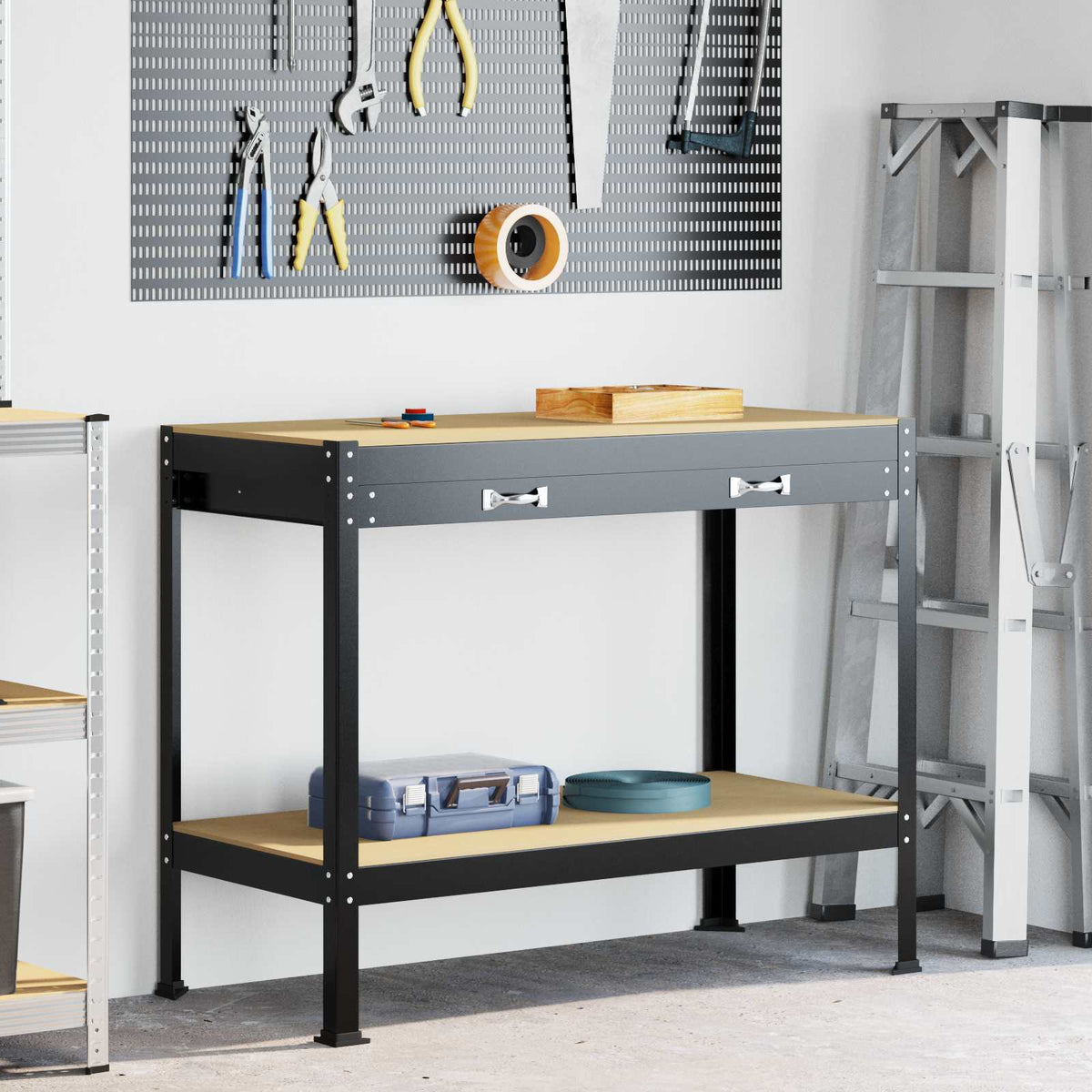vidaXL Workbench Black 81 x 41 x 145 cm Engineered Wood and Metal