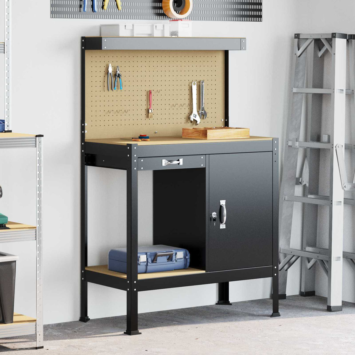 vidaXL Workbench Black 81 x 41 x 145 cm Engineered Wood and Metal