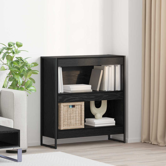 vidaXL Book Cabinet Engineered Wood Black Oak placed in a living room next to a sofa and curtains
