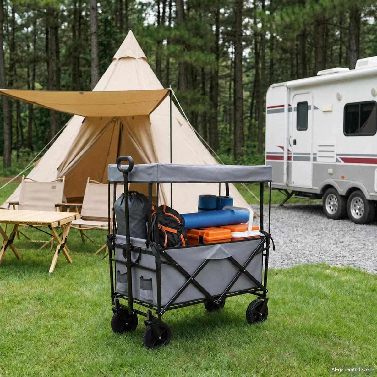 Folding Hand Trolley With Roof 105 x 56.5 x 116 cm 150 kg Grey