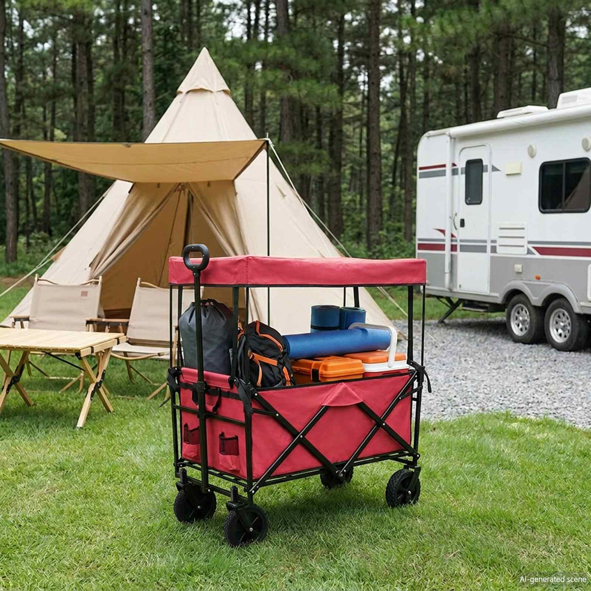 Folding Hand Trolley With Roof 105 x 56.5 x 116 cm 150 kg Red