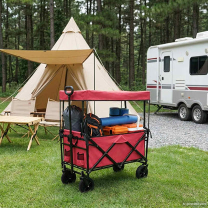 Folding Hand Trolley With Roof 105 x 56.5 x 116 cm 150 kg Red