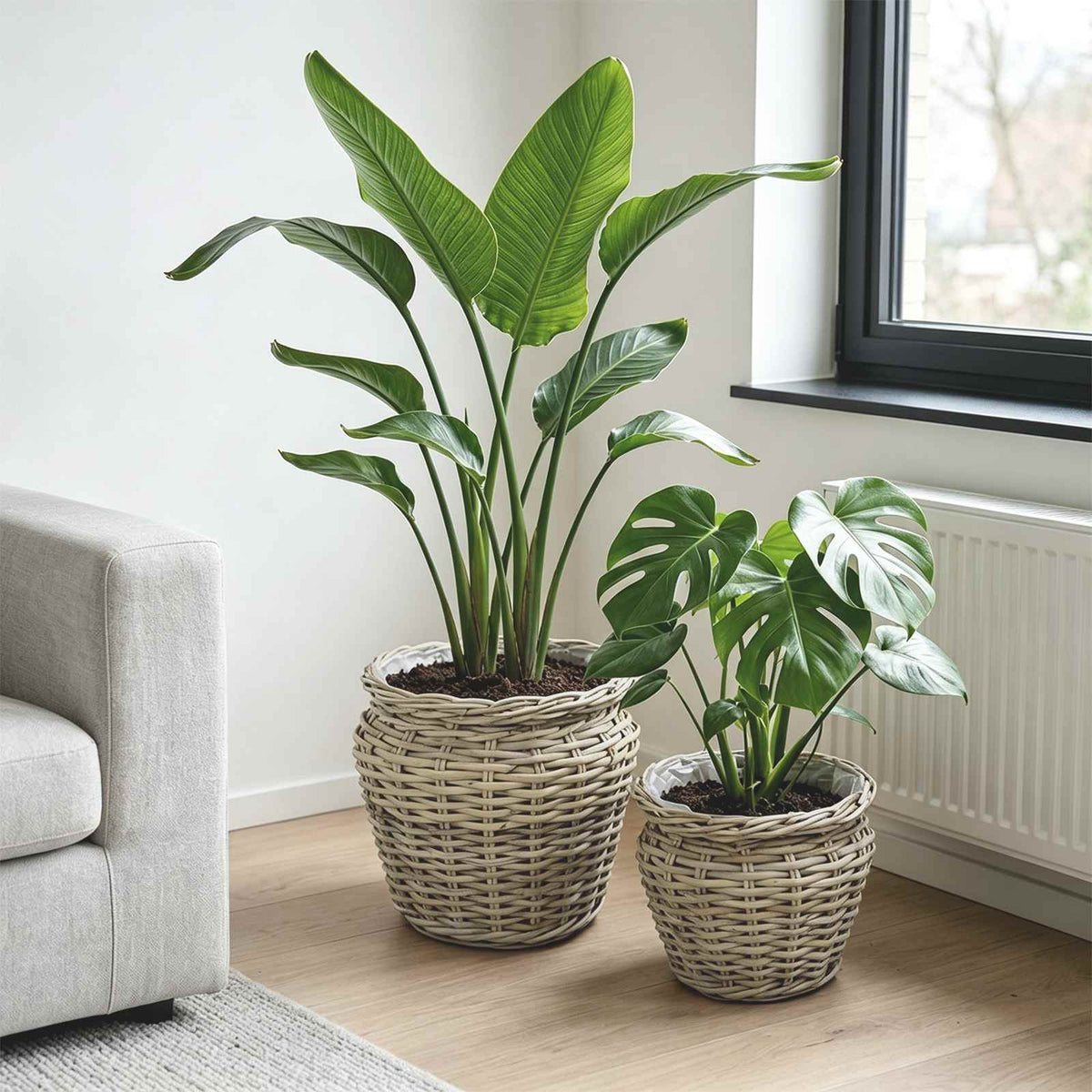 Planter Basket GENDT 2 pcs Natural Kubu Rattan Grey