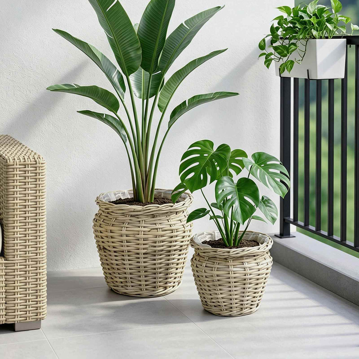 Planter Basket GENDT 2 pcs Natural Kubu Rattan Grey