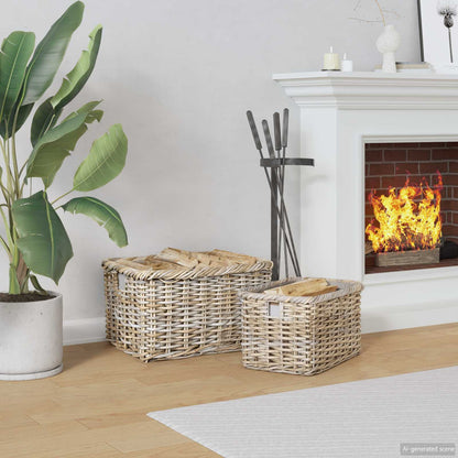 vidaXL Firewood Basket GENDT 2 pcs Natural Grey Kubu Rattan 1