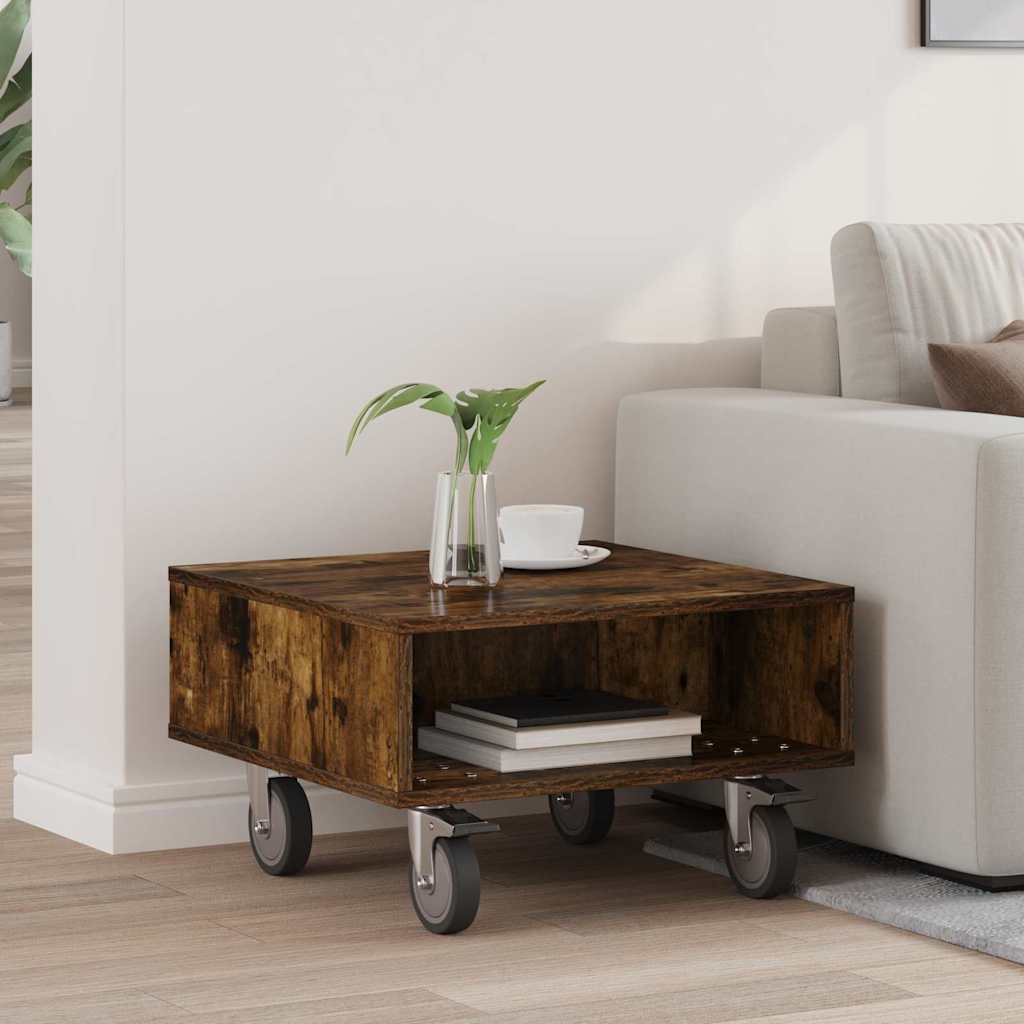 vidaXL Side Table with Wheels Smoked Oak 50.5 x 50 x 30 cm 1