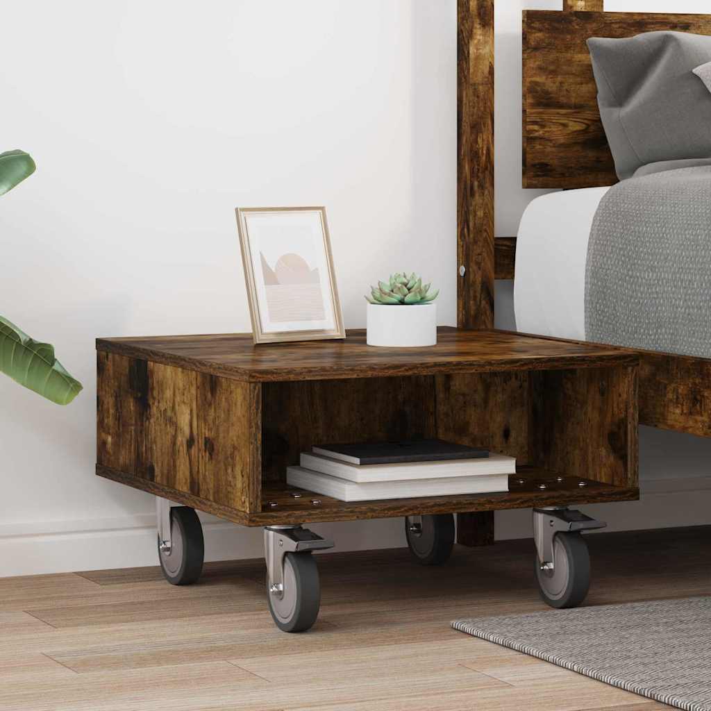vidaXL Side Table with Wheels Smoked Oak 50.5 x 50 x 30 cm 4