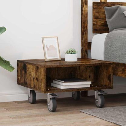 vidaXL Side Table with Wheels Smoked Oak 50.5 x 50 x 30 cm 4