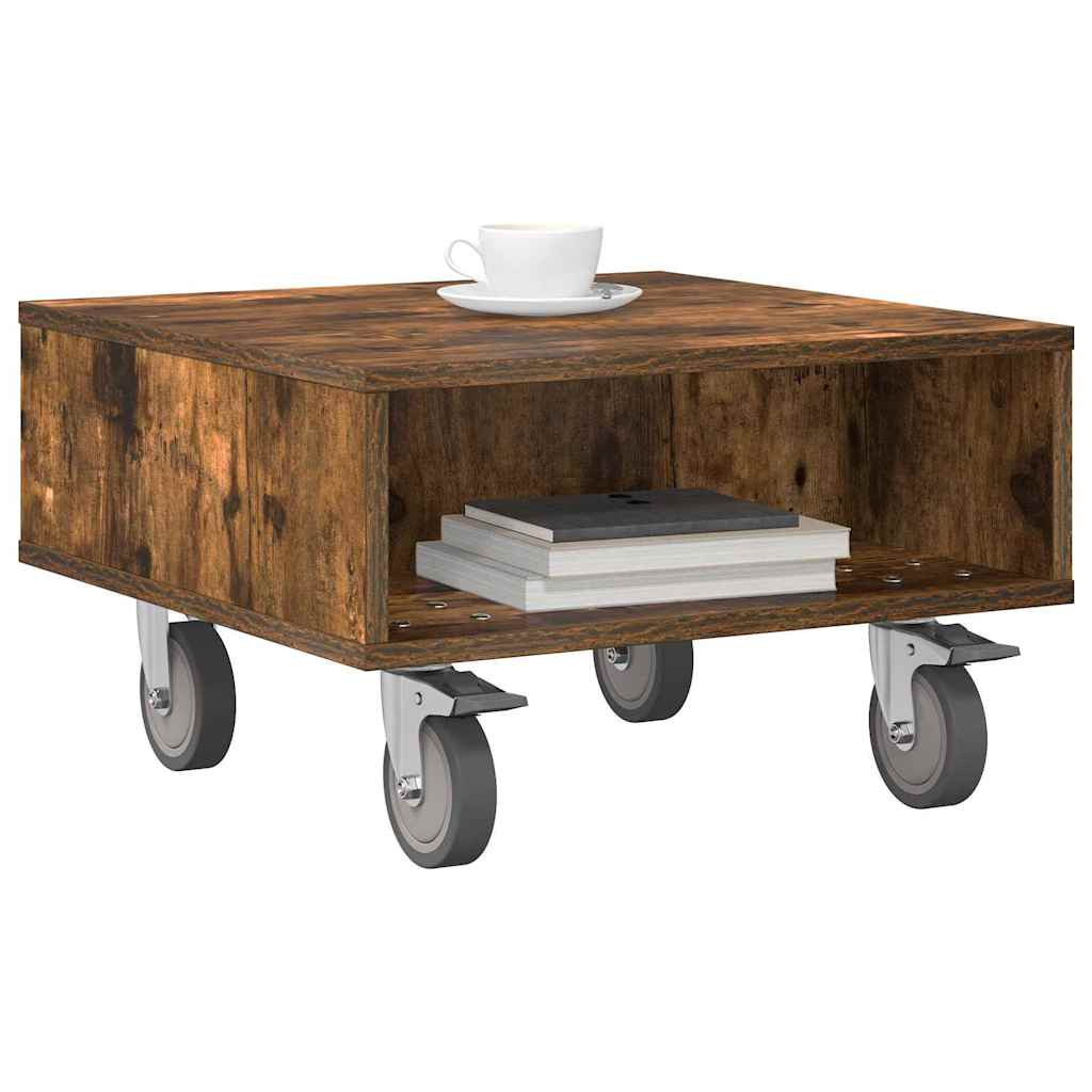 vidaXL Side Table with Wheels Smoked Oak 50.5 x 50 x 30 cm 3