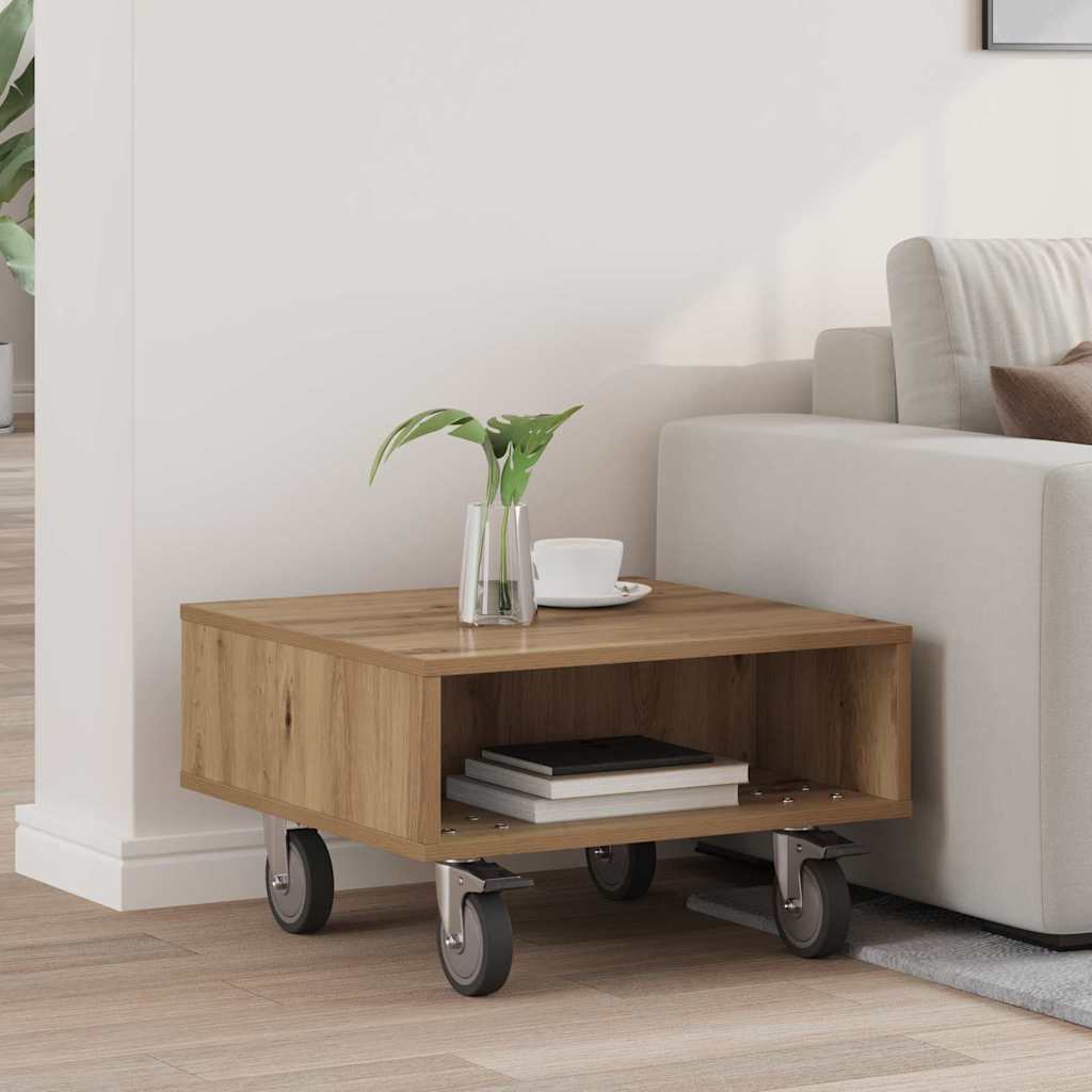 vidaXL Side Table with Wheels Artisan Oak 50.5 x 50 x 30 cm 1