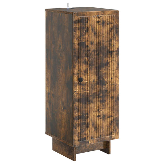 The tall sideboard with a textured dark wood finish and a small black round door handle