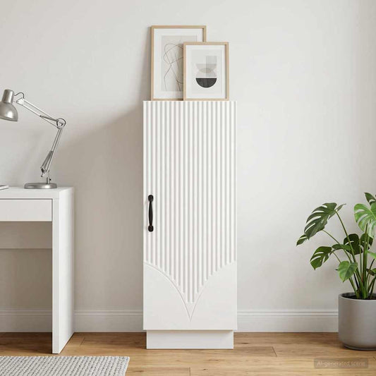 vidaXL Sideboard White Engineered Wood standing in a bright living room next to a desk and plant