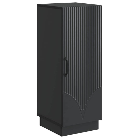 Black engineered wood sideboard with a single fluted door and a decorative base