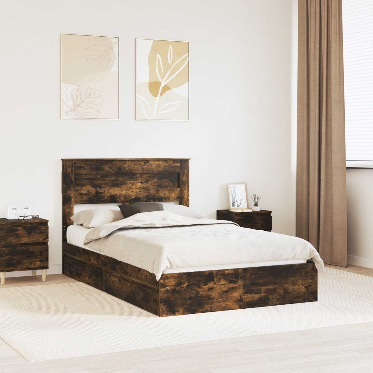 Storage Bed with Drawer Engineered Wood Length 190 cm Smoked oak 135 cm